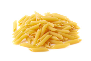 Pile of dry yellow penne pasta isolated