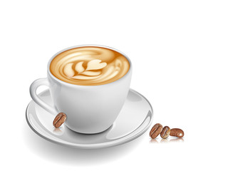 Cup coffee and seed on white background