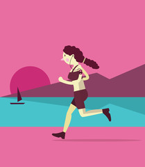 Young woman jogging on a beach. sunset background.  flat vector