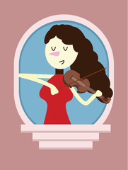 Red dress woman Playing the Violin on window. flat design