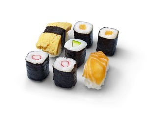 fresh sushi rolls isolated on a white background