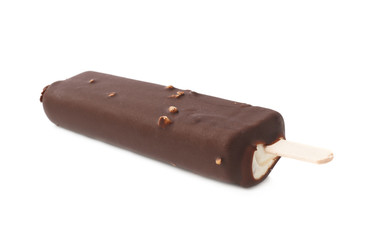 Chocolate covered vanilla ice cream bar