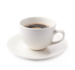 Fresh cup of coffee on a plate, isolated