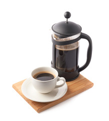 French press pot and cup of coffee