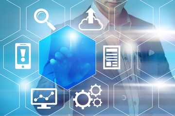 business, technology and internet concept - businessman pressing