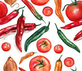 Seamless watercolor pattern of tomatoes and chili peppers