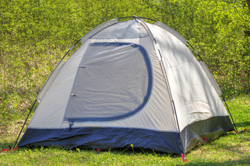 Camping tent in sunny forest