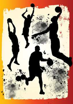 basketball player team in many postures on grunge graphic