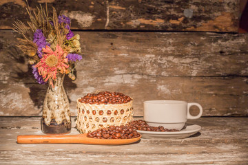 Coffee beans and wooden
