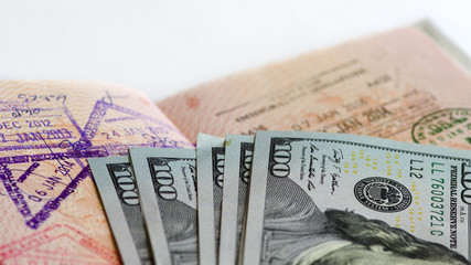 Passport with stamps on a money background