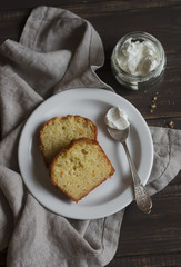 simple cake on a dark wooden surface