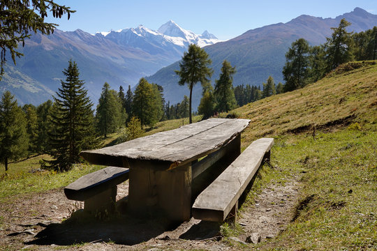 Empty picnic table in Switzerland, view on Matterhorn.