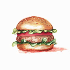 hamburger, drawn with colored pencils, in grunge style with spac