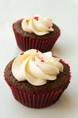 Red velvet cupcake closeup. Filtered to look like an aged instan