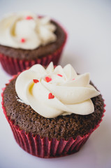 Red velvet cupcake closeup. Filtered to look like an aged instan