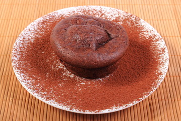 Baked chocolate muffins with cocoa on white plate