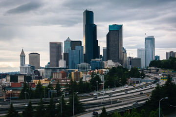 Fototapeta na wymiar View of downtown Seattle from the Jose Rizal Bridge, in Seattle