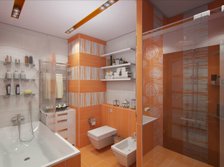 3D illustration of a bathroom in orange color