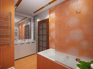 3D illustration of a bathroom in orange color