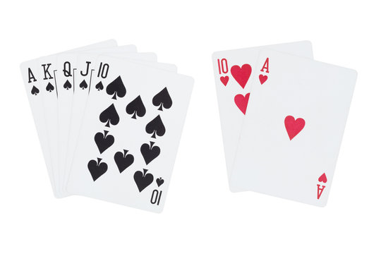 Royal straight flush of spades and blackjack playing cards