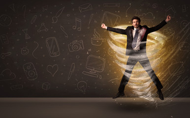 Happy businessman jumping in tornado concept