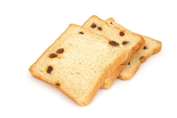 square sliced bread with raisin on white background