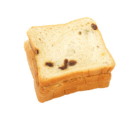 square sliced bread with raisin on white background