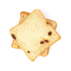 square sliced bread with raisin on white background