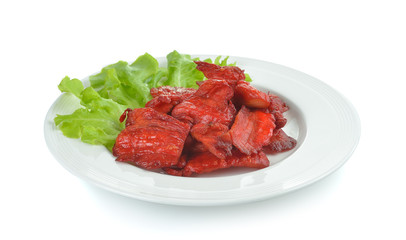 Fried dried  pork on white plate