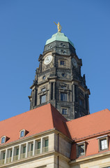 Fototapeta na wymiar Old tower of New Town Hall in Dresden, Saxony, Germany.