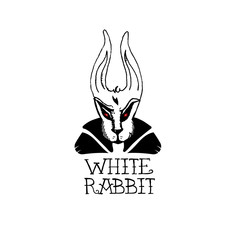 Vector hand drown rabbit. Handwritten text:" White rabbit". Logo