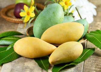 Fresh yellow and green mango on wooden  background