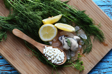 The zinc supplementary white capsule with fresh oyster 