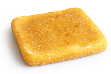 Single square golden fried cheese on white.
