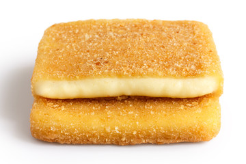 Square golden fried cheeses isolated, cut and melting.