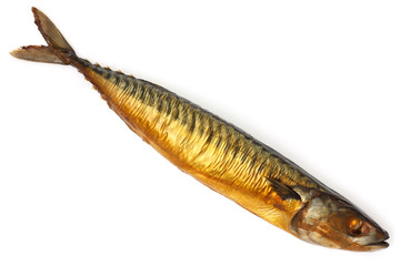 Whole smoked mackerel isolated on white. From above.