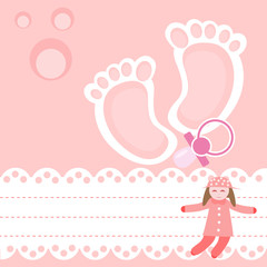 Baby shower card with pacifier and rag-doll.