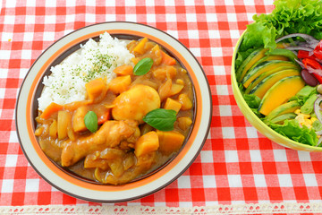 美味しそうなカレーライスとサラダ 