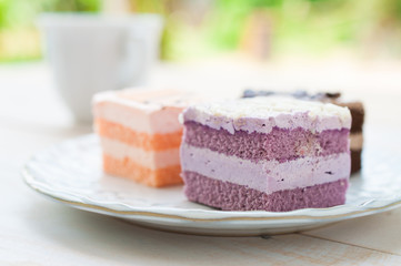different pieces of cake. Isolated on white background