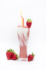 Fresh strawberry fruits and smoothies on white