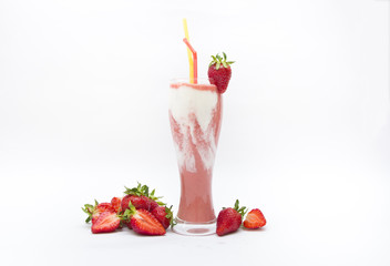 Fresh strawberry fruits and smoothies on white