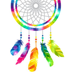 Dream catcher with abstract bright transparent feathers