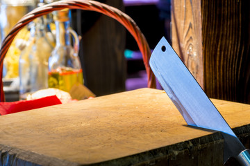 sharp knife jumper is placed in a wooden cutting board