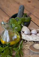 pesto ingredients, basil, garlic, olive oil