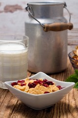 Cornflakes with dried cranberries in square bowl