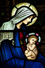 Mary and baby Jesus in stained glass