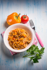 pasta with mussel capsicum and tomato sauce