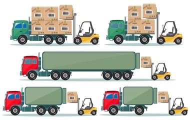 Long truck with cargo goes to the warehouse, vector illustration
