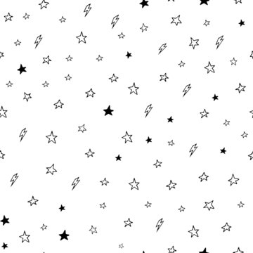 Hand drawn seamless doodle pattern of stars and lightnings