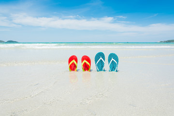 Fototapeta na wymiar Beach, slippers on tropical beach